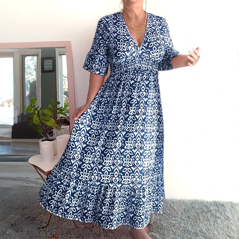 🔥Last Day Special Price ￡15.99🌸Bohemian Casual Print V-neck Waist Wrap Long Dress