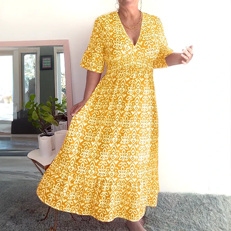 🔥Last Day Special Price ￡15.99🌸Bohemian Casual Print V-neck Waist Wrap Long Dress