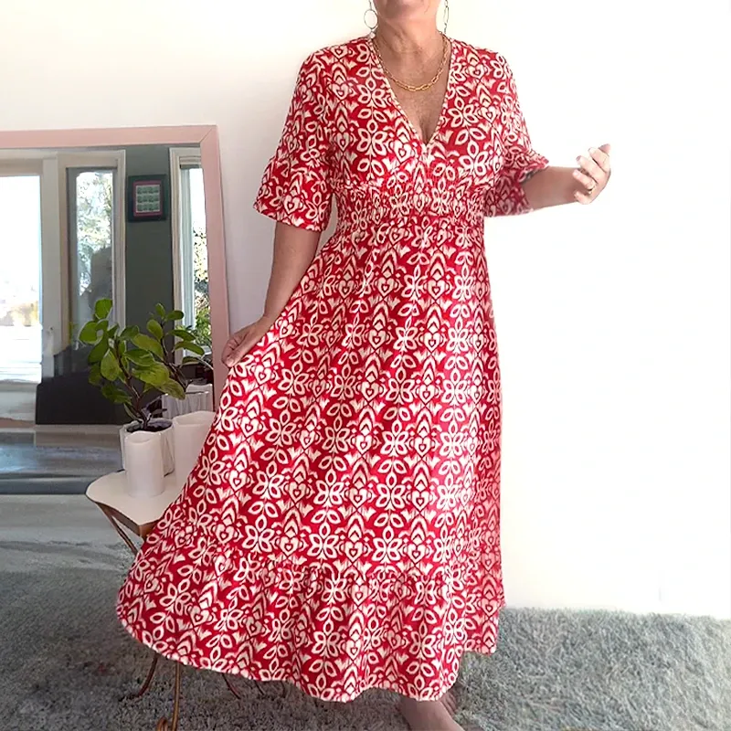🔥Last Day Special Price ￡15.99🌸Bohemian Casual Print V-neck Waist Wrap Long Dress
