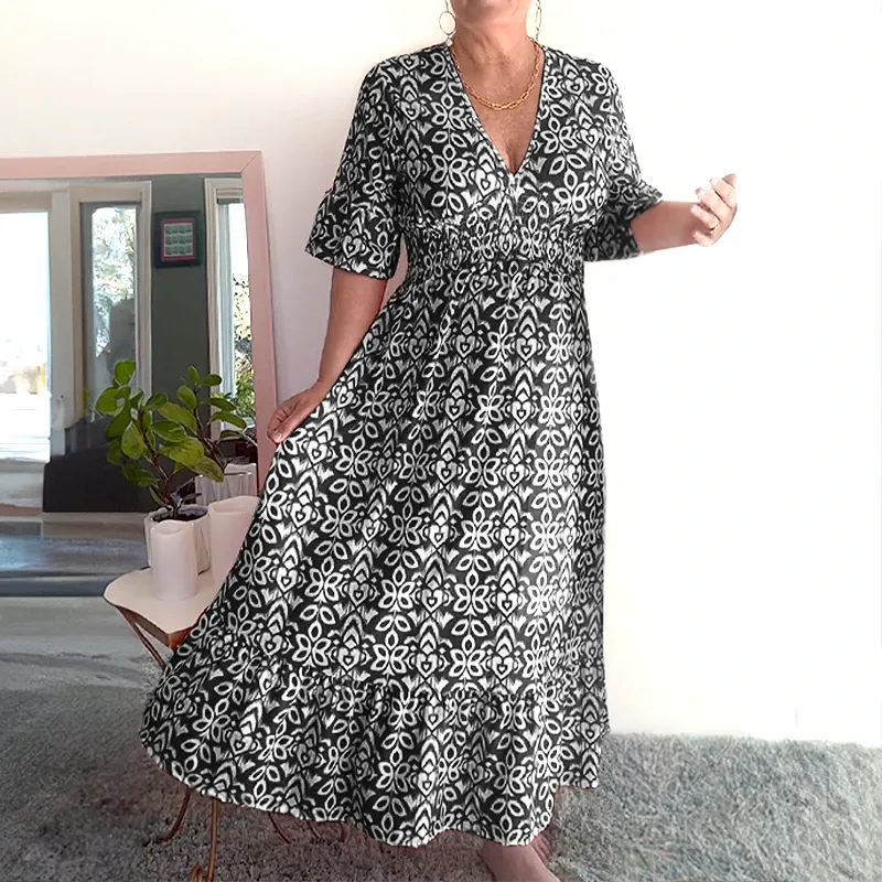 🔥Last Day Special Price ￡15.99🌸Bohemian Casual Print V-neck Waist Wrap Long Dress