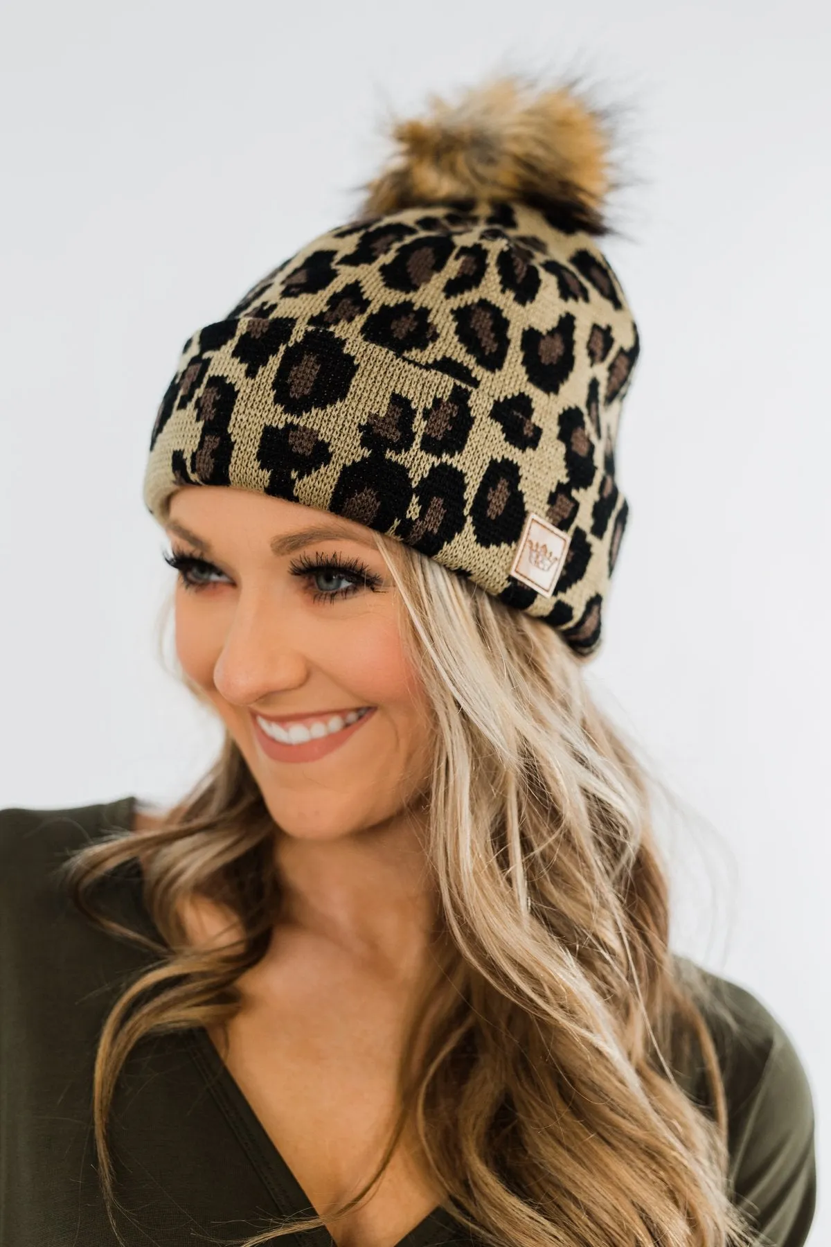 Leopard Pom Beanie- Neutral