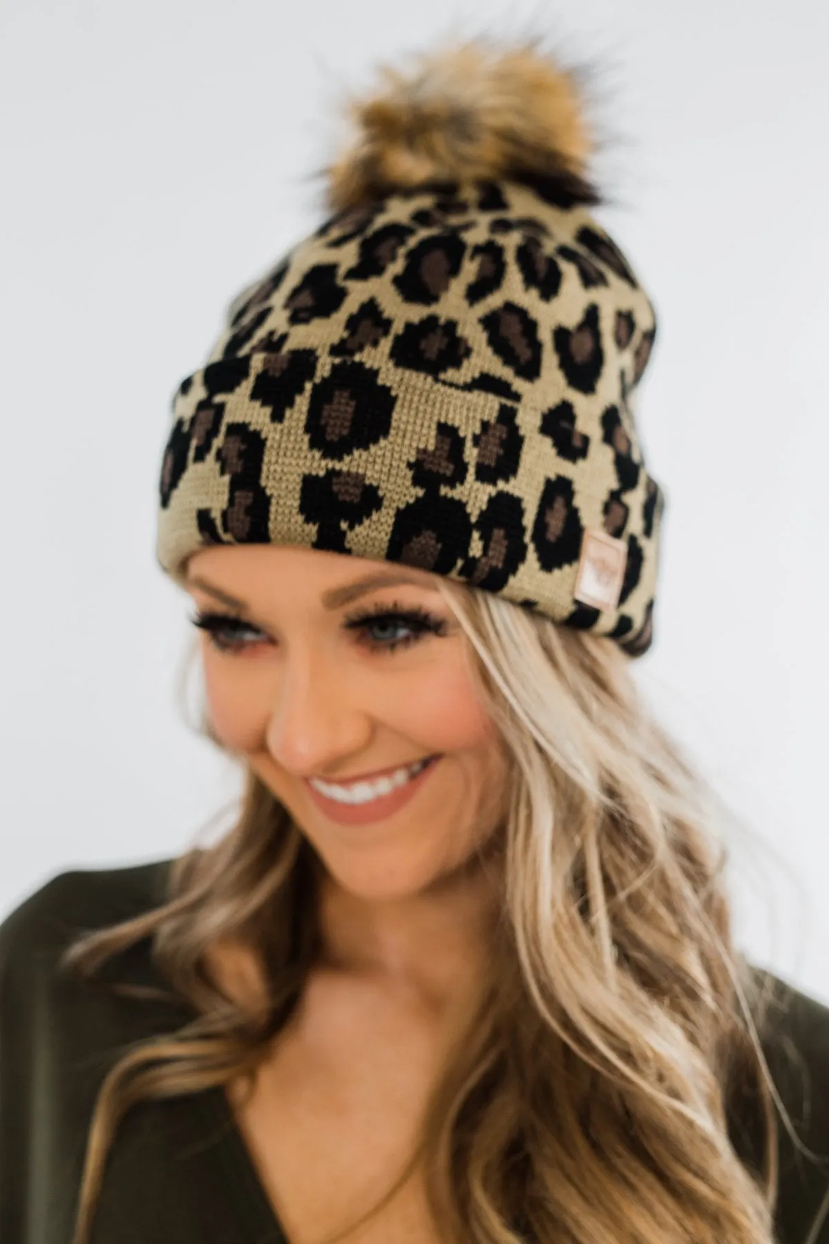 Leopard Pom Beanie- Neutral