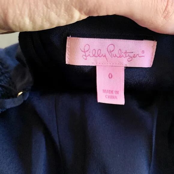 Lilly Pulitzer Kelsea Navy Blue 100% Silk Gold Embroidery Dress Womens 0