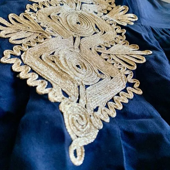 Lilly Pulitzer Kelsea Navy Blue 100% Silk Gold Embroidery Dress Womens 0