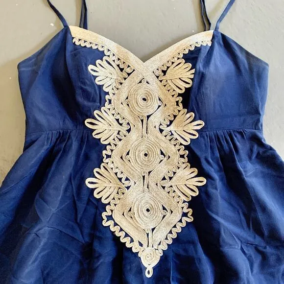 Lilly Pulitzer Kelsea Navy Blue 100% Silk Gold Embroidery Dress Womens 0