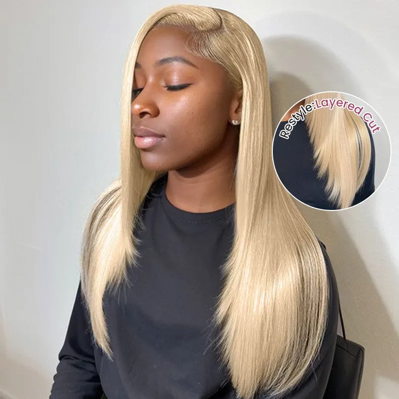 【Limited Design】#613 Blonde Colored Straight Long Bob Glueless 6x5 Pre-Cut Lace Human Hair Wigs