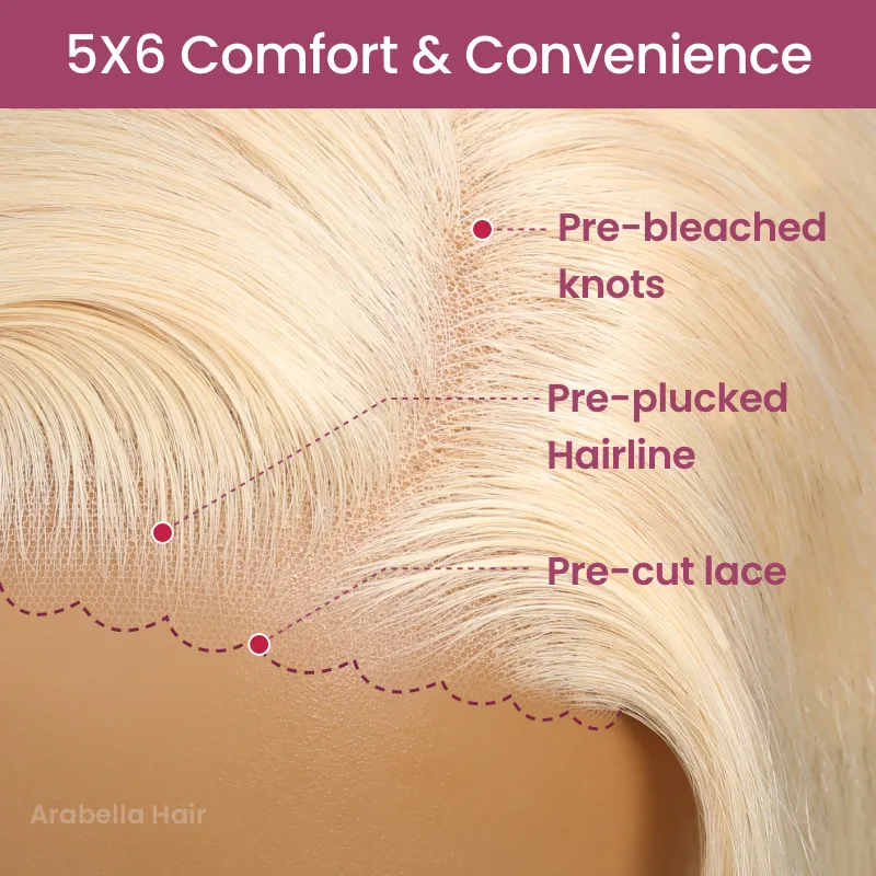 【Limited Design】#613 Blonde Colored Straight Long Bob Glueless 6x5 Pre-Cut Lace Human Hair Wigs