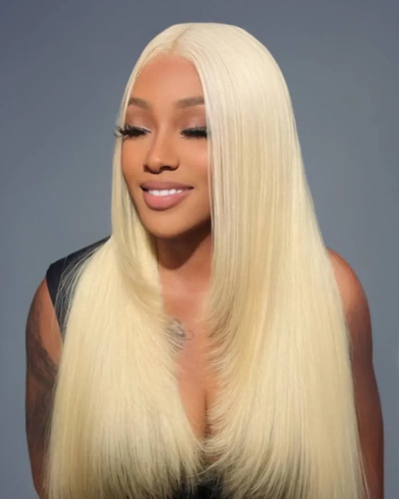 【Limited Design】#613 Blonde Colored Straight Long Bob Glueless 6x5 Pre-Cut Lace Human Hair Wigs