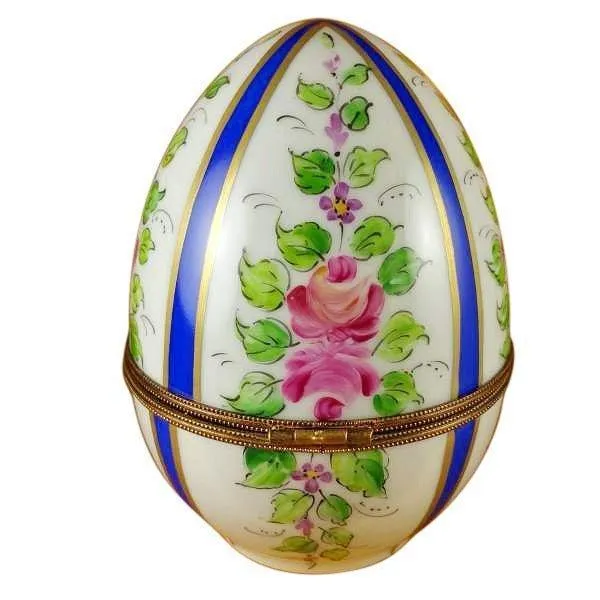 Limoges Large Blue Striped Egg with Flowers