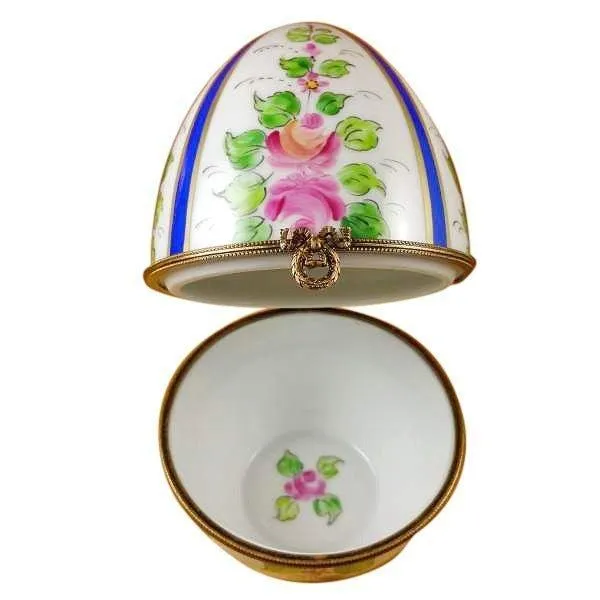 Limoges Large Blue Striped Egg with Flowers