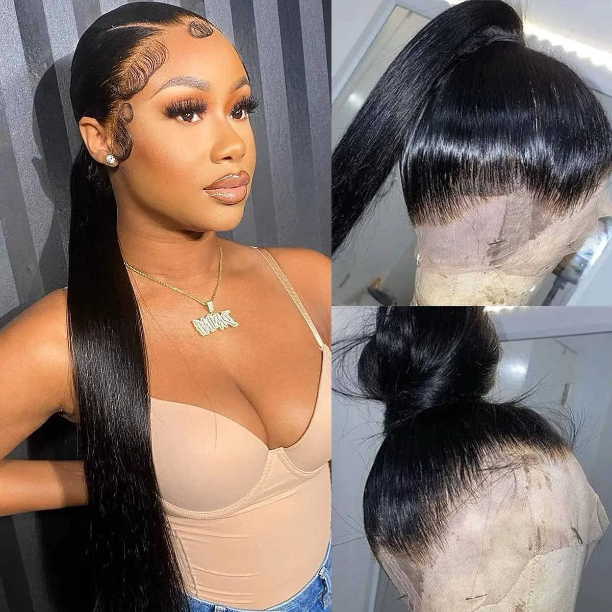 Long Straight Natural Black 360 Lace Frontal Free Part Ponytail Style Human Hair Wig