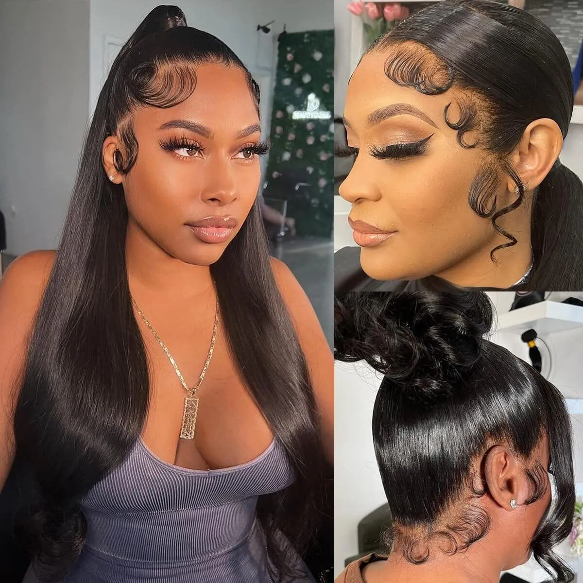 Long Straight Natural Black 360 Lace Frontal Free Part Ponytail Style Human Hair Wig