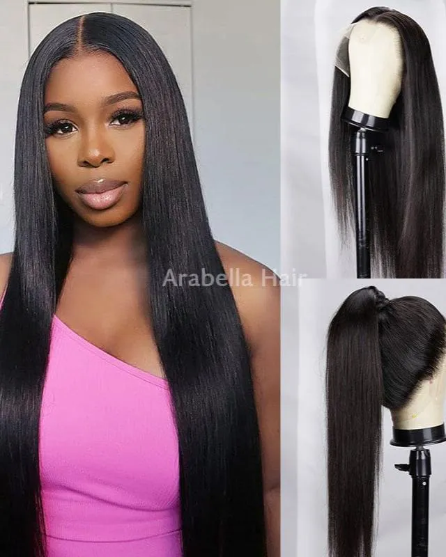 Long Straight Natural Black 360 Lace Frontal Free Part Ponytail Style Human Hair Wig