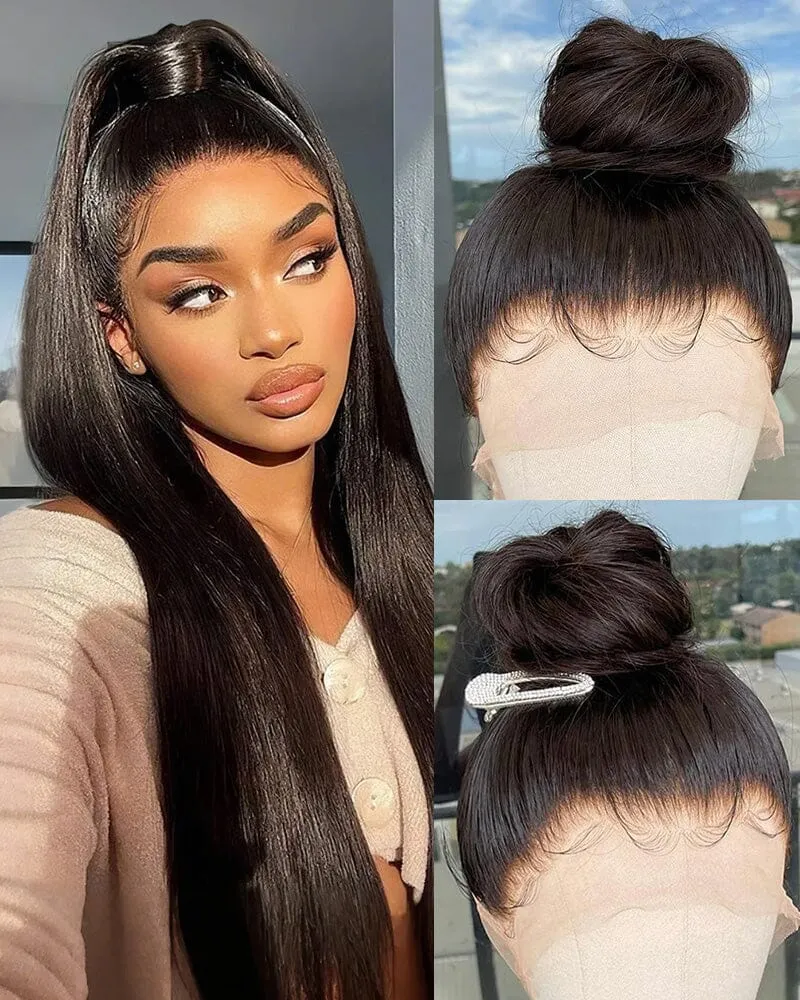 Long Straight Natural Black 360 Lace Frontal Free Part Ponytail Style Human Hair Wig