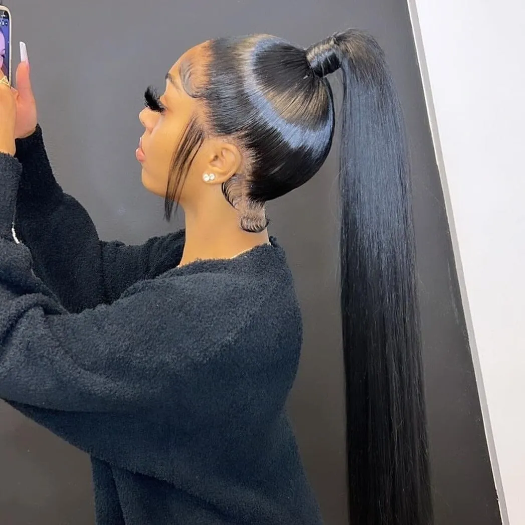 Long Straight Natural Black 360 Lace Frontal Free Part Ponytail Style Human Hair Wig