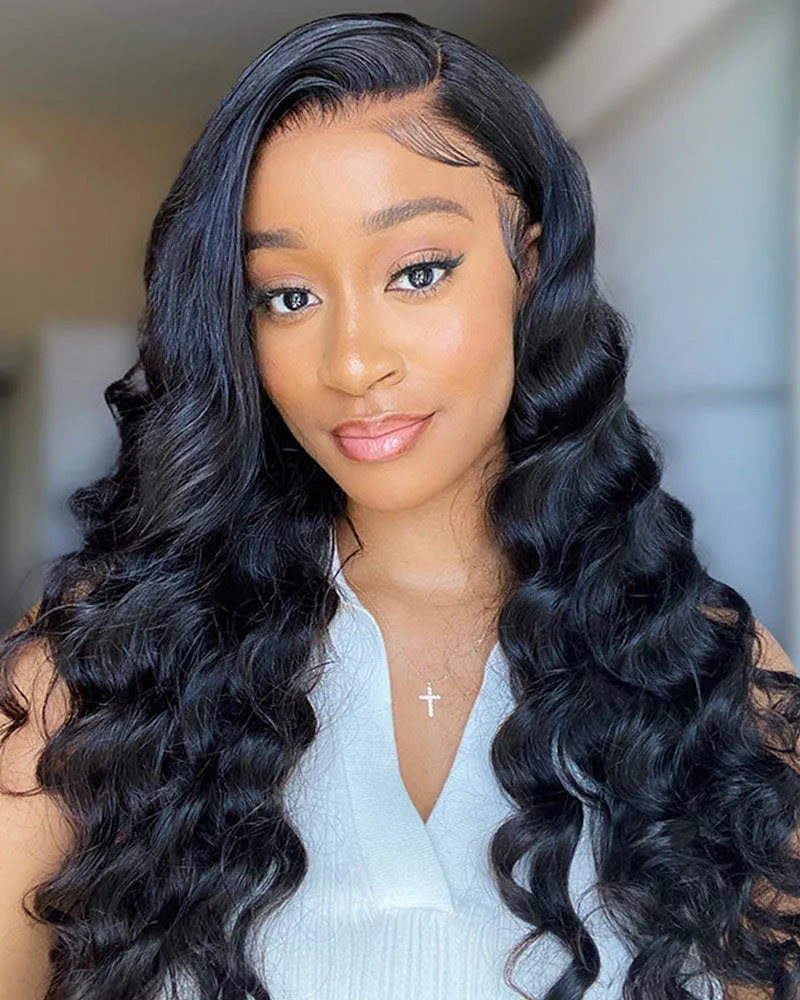 Loose Wave Natural Black 13x4/6x5 Lace Front Human Hair Wig with Breathable Cap Free Parting