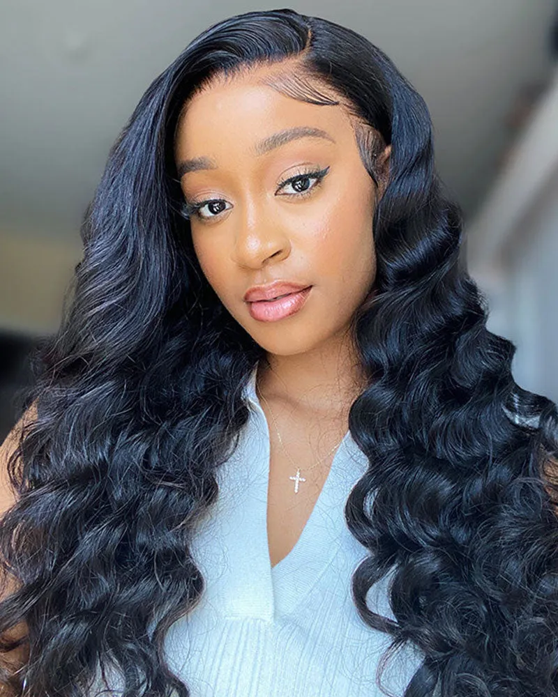 Loose Wave Natural Black 13x4/6x5 Lace Front Human Hair Wig with Breathable Cap Free Parting