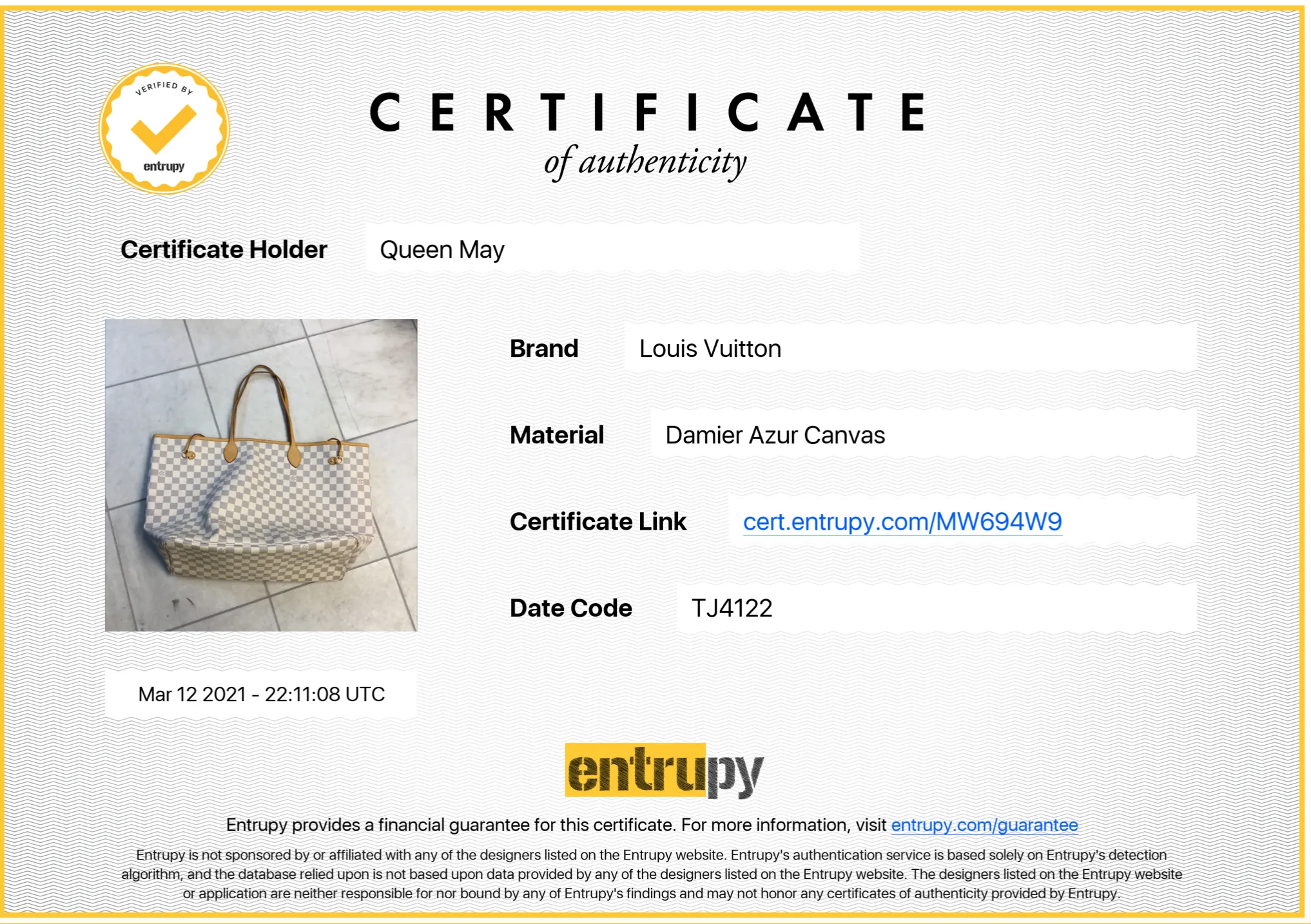 Louis Vuitton Damier Azur Neverfull GM Beige Interior