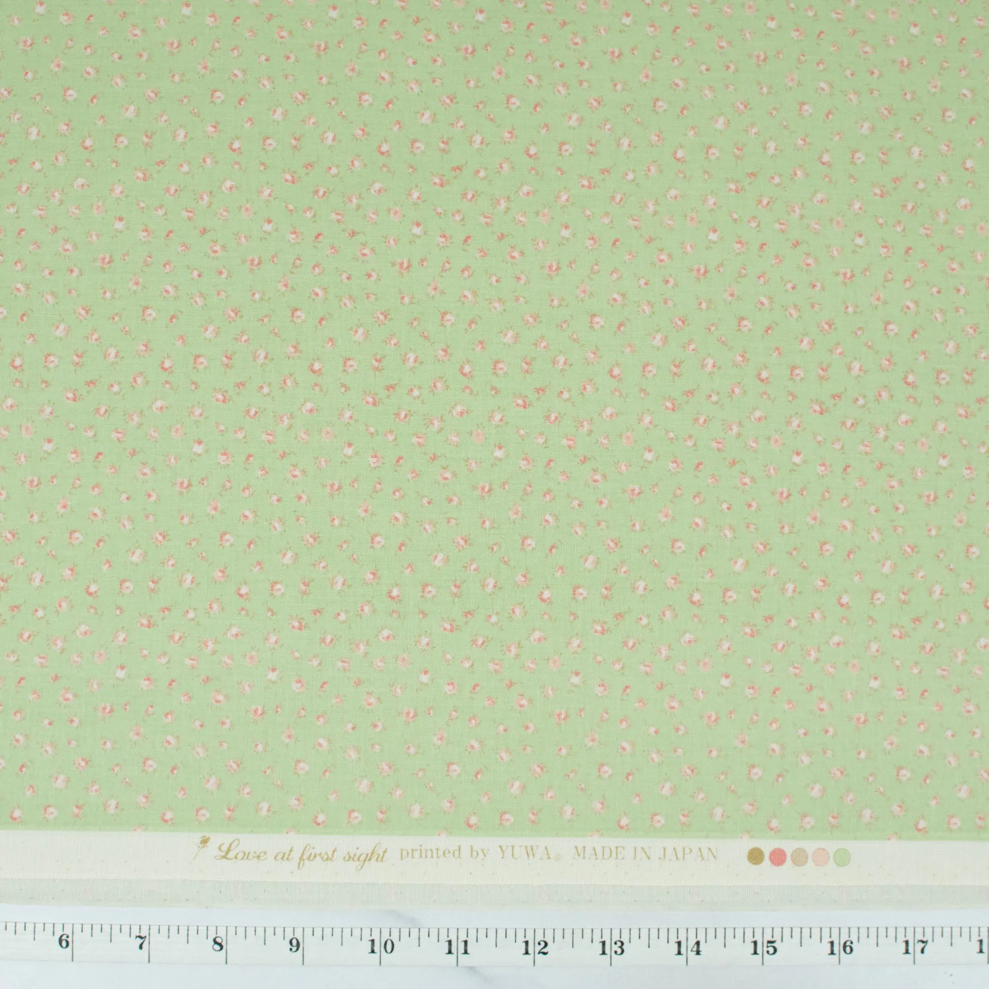 Love at First Sight Collection - Romantic Nostalgic Florets - Tiny Very Pale Orange-Pink Roses on Light Green Background