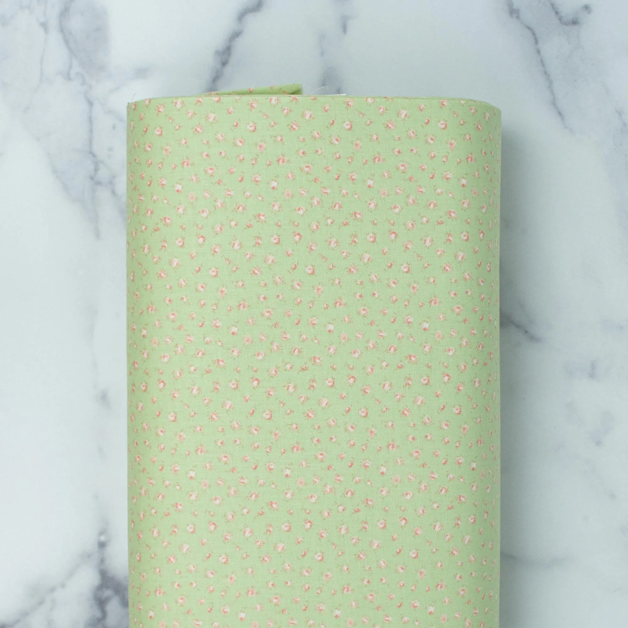 Love at First Sight Collection - Romantic Nostalgic Florets - Tiny Very Pale Orange-Pink Roses on Light Green Background