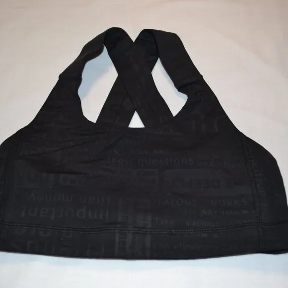 Lululemon Womens All Sport Bra Size 6 Classic Manifesto Embossed Black Yoga Run