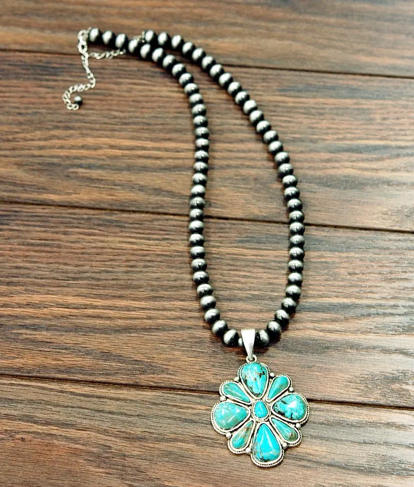 Lydia 10mm Fashion Navajo Necklace With Natural Stone Cluster Pendant - Turquoise