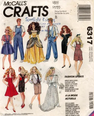 McCall's 6317 Barbie & Ken Doll Wardrobe Ballgown Overalls & Wedding Dress 1990s Vintage Sewing Pattern Size 11 1/2 inches