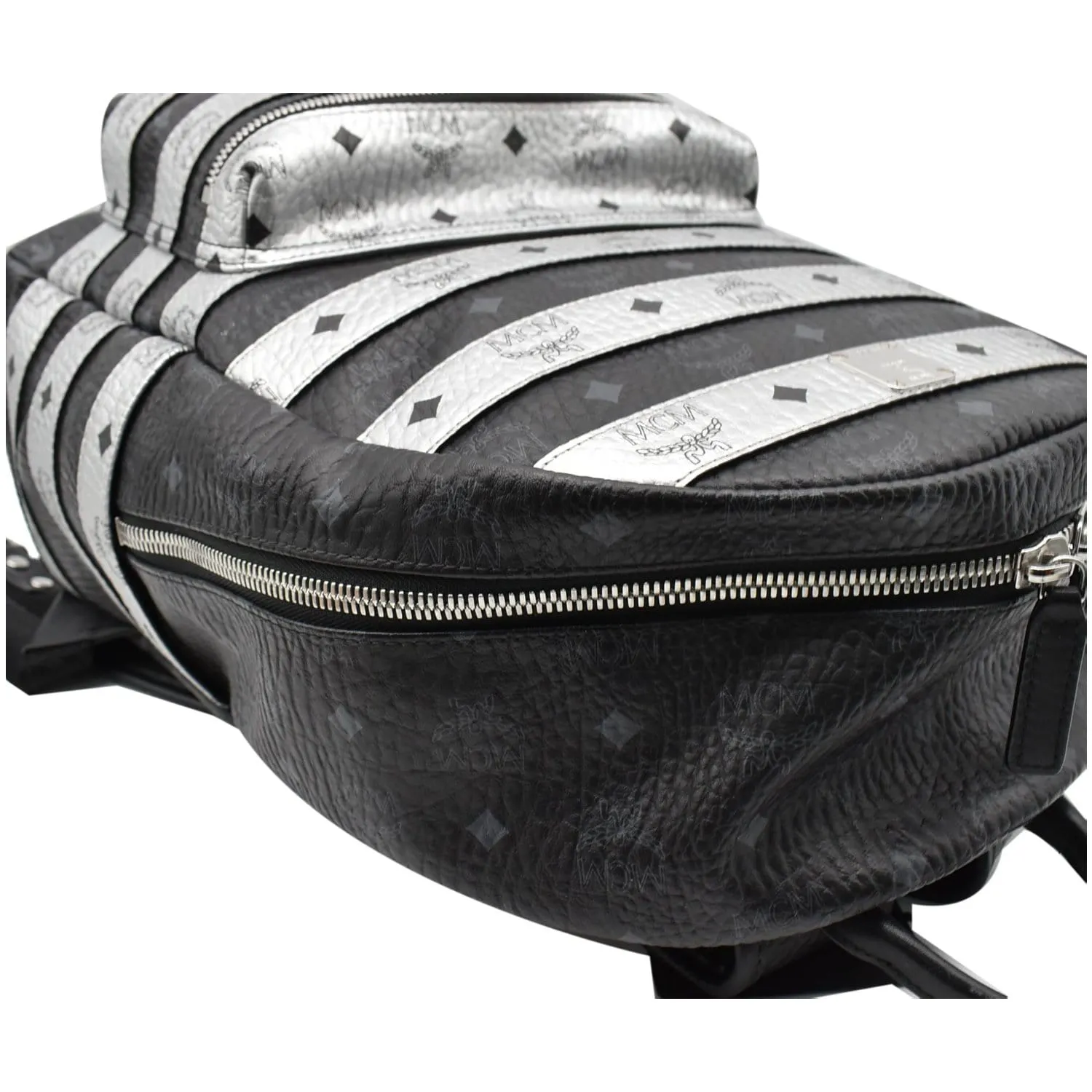 MCM Striped Medium Stark Metallic Visetos Backpack Bag Silver Black