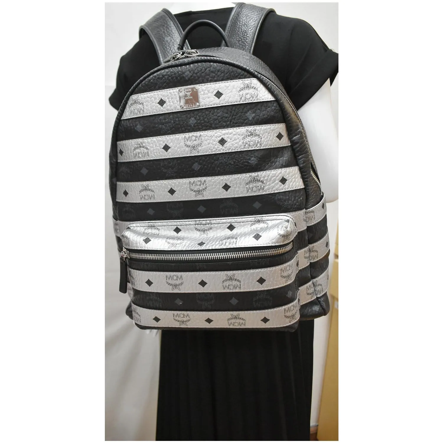 MCM Striped Medium Stark Metallic Visetos Backpack Bag Silver Black