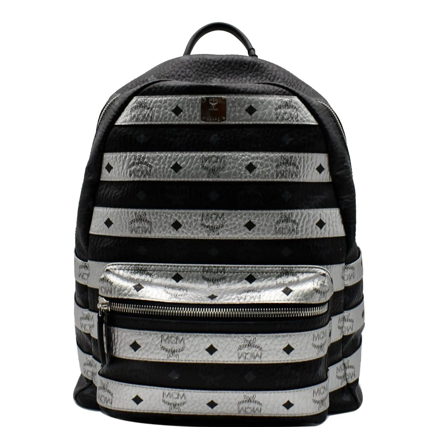 MCM Striped Medium Stark Metallic Visetos Backpack Bag Silver Black