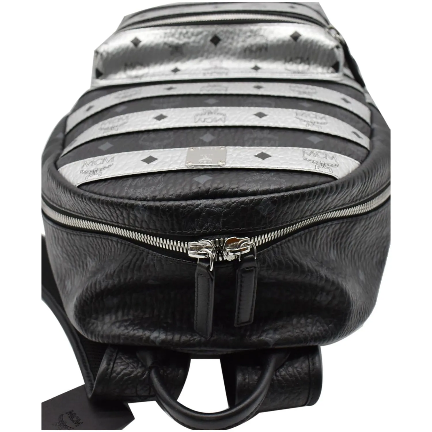 MCM Striped Medium Stark Metallic Visetos Backpack Bag Silver Black
