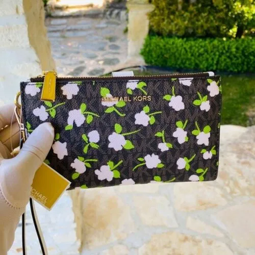 Michael Kors Jet Set Double Zip Floral Brown Multi Imported Wristlet New