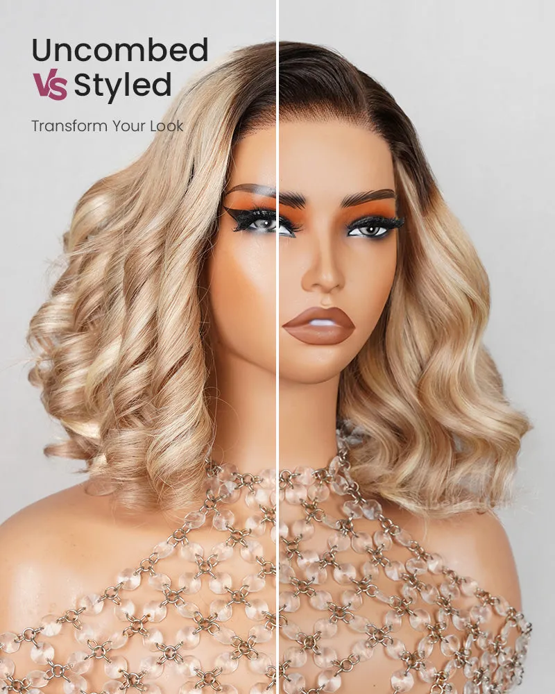 Minimalist Short Bob: #613 Blonde Highlight Ombre Colored 6x5 Pre-Cut Lace Blowout in Wavy Glueless Human Hair