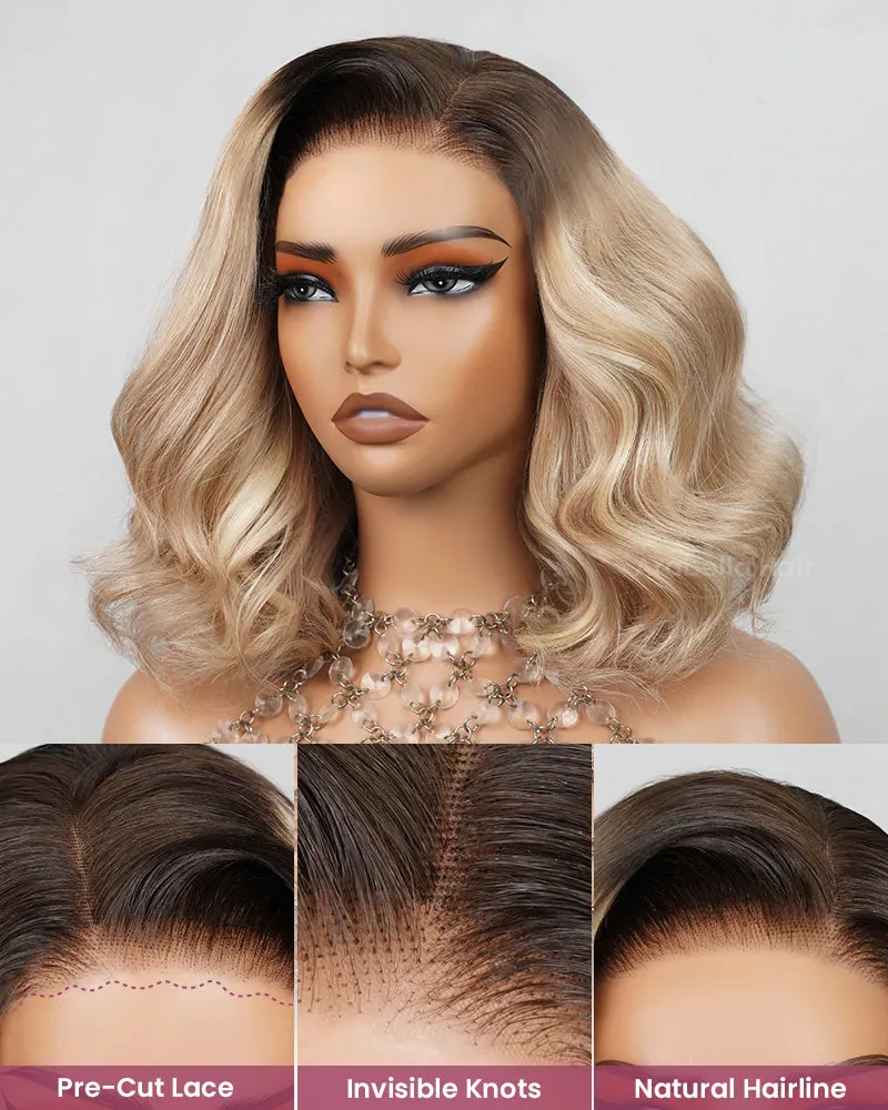 Minimalist Short Bob: #613 Blonde Highlight Ombre Colored 6x5 Pre-Cut Lace Blowout in Wavy Glueless Human Hair