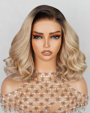 Minimalist Short Bob: #613 Blonde Highlight Ombre Colored 6x5 Pre-Cut Lace Blowout in Wavy Glueless Human Hair