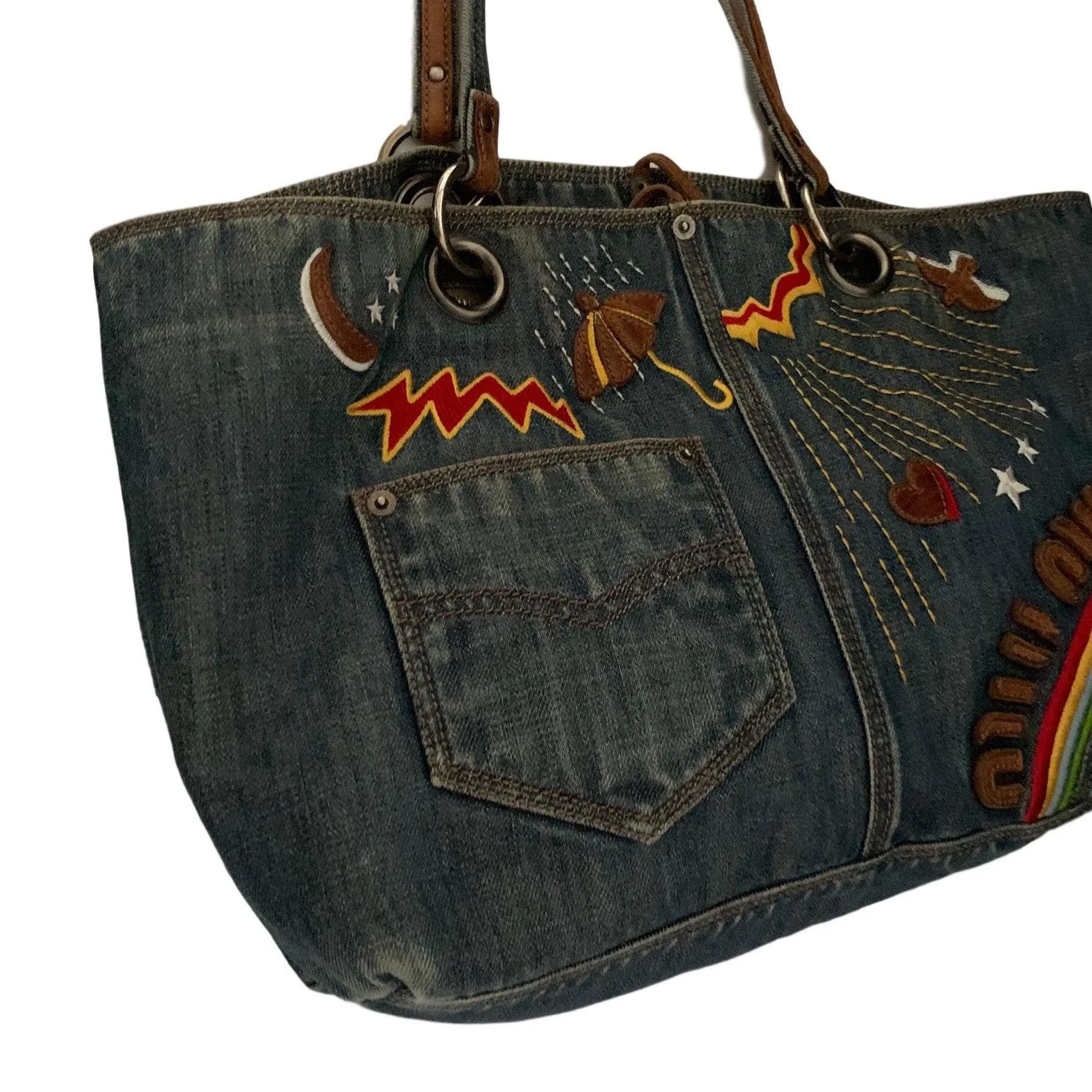 Miu Miu Denim Embroidered Tote