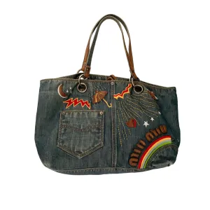Miu Miu Denim Embroidered Tote