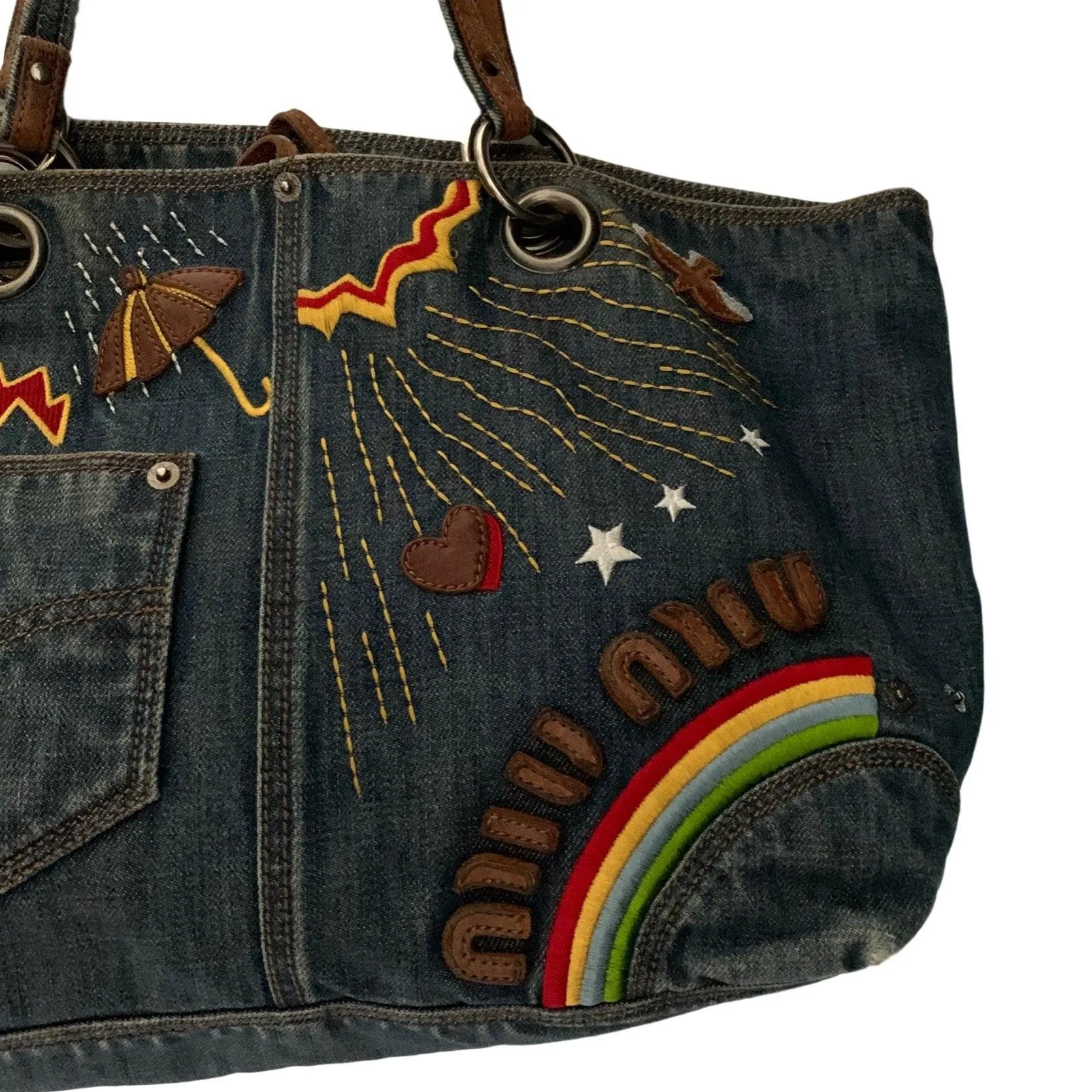 Miu Miu Denim Embroidered Tote