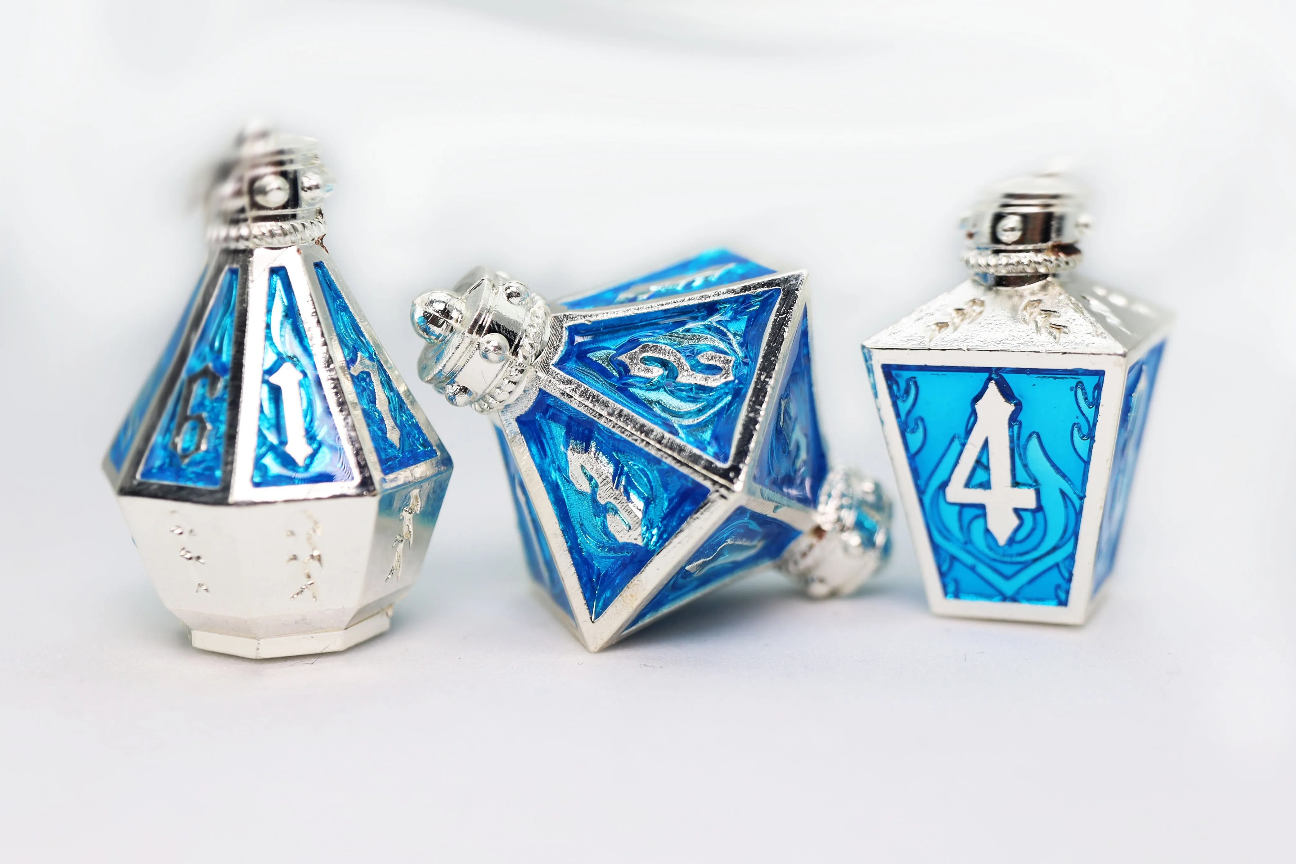 Moonlit Lantern: Silvered Frostfire - Metal RPG Dice Set