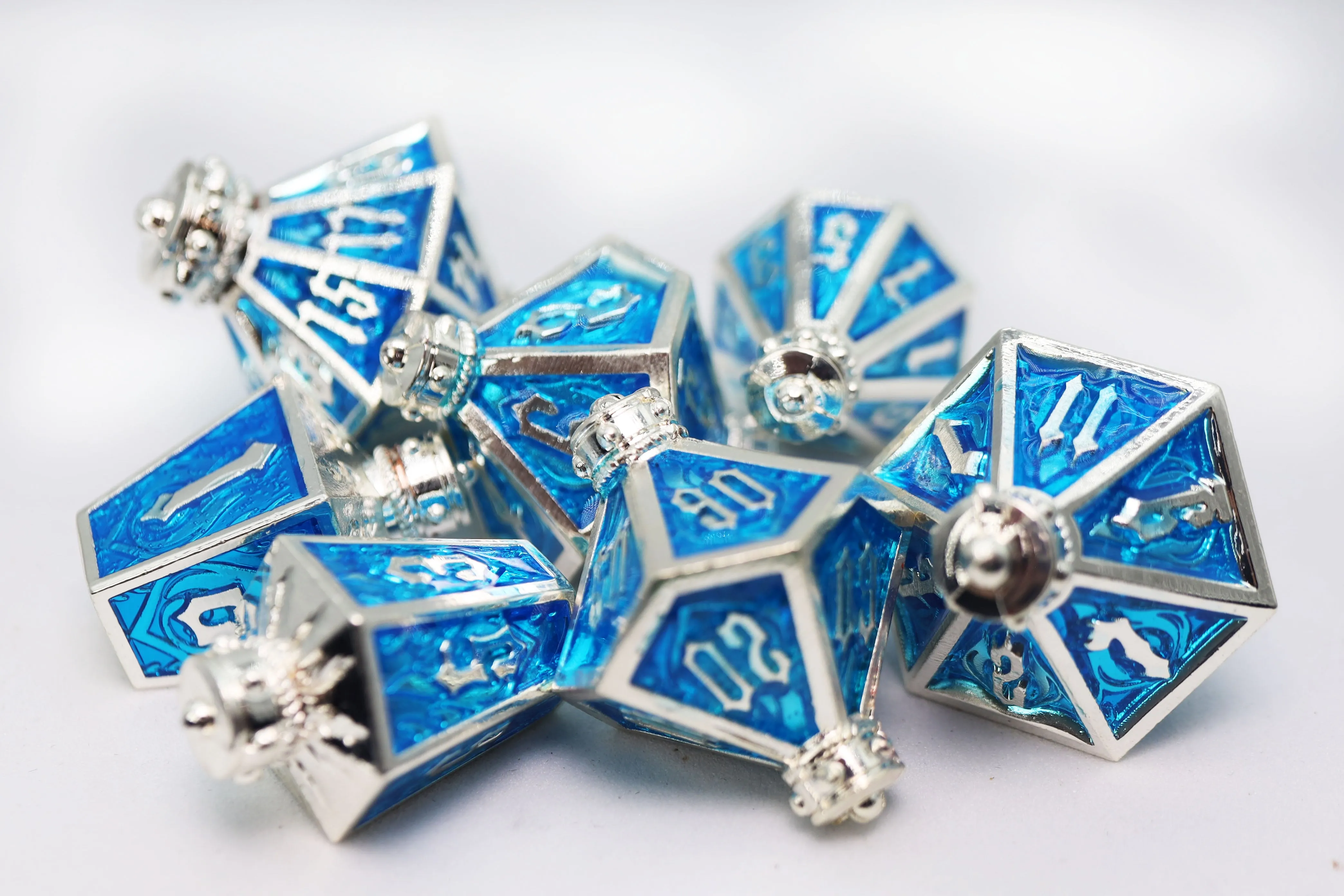 Moonlit Lantern: Silvered Frostfire - Metal RPG Dice Set