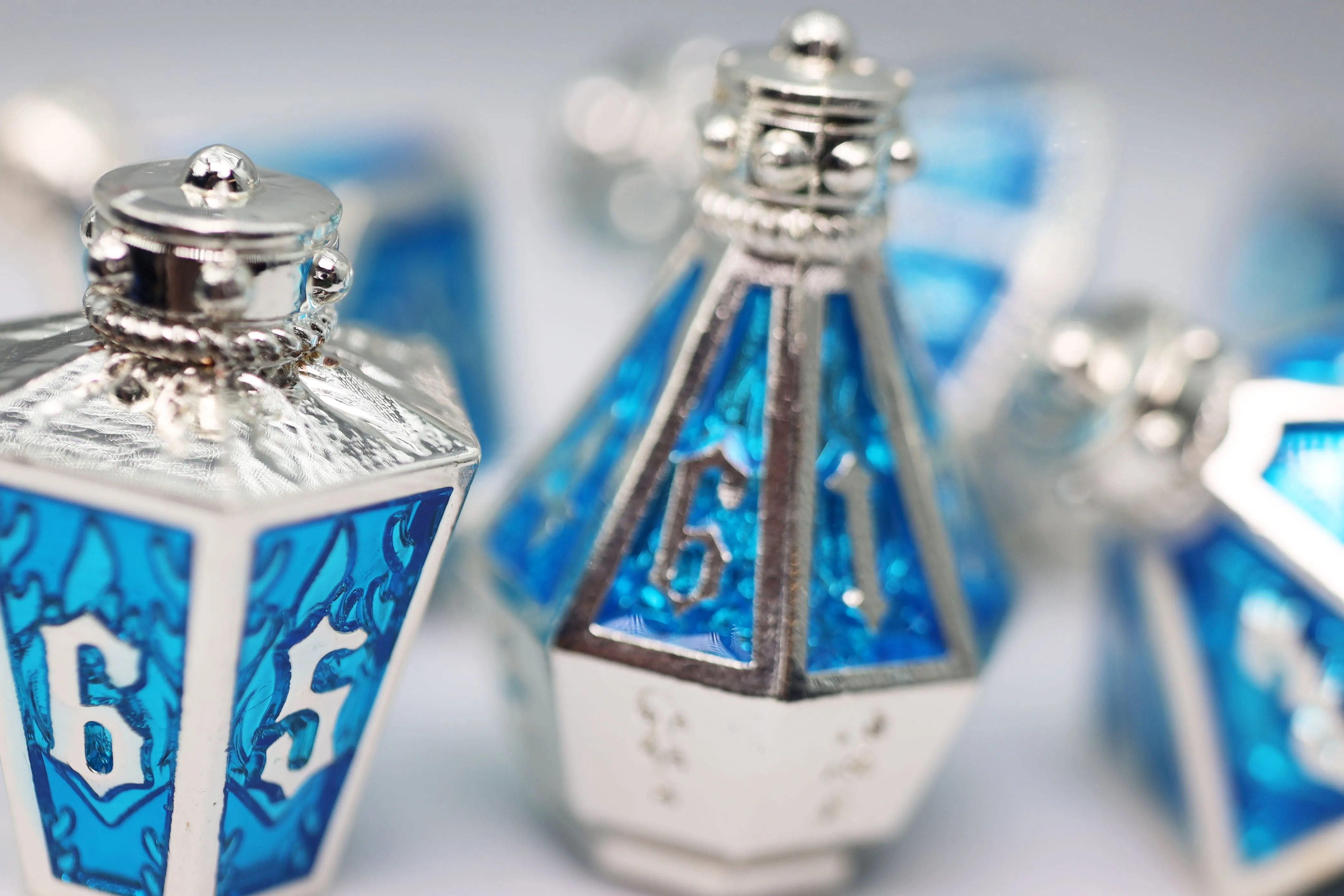 Moonlit Lantern: Silvered Frostfire - Metal RPG Dice Set