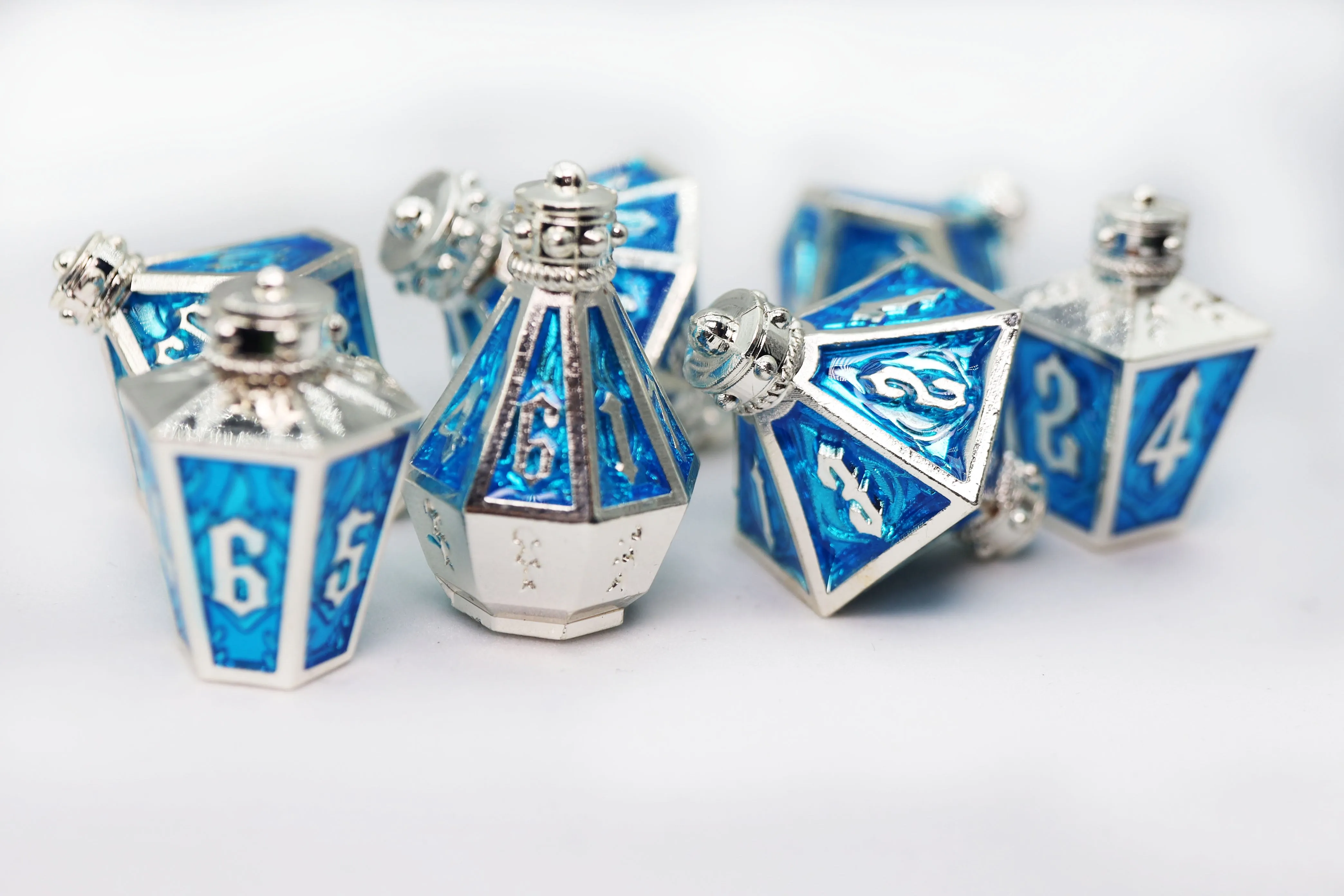 Moonlit Lantern: Silvered Frostfire - Metal RPG Dice Set