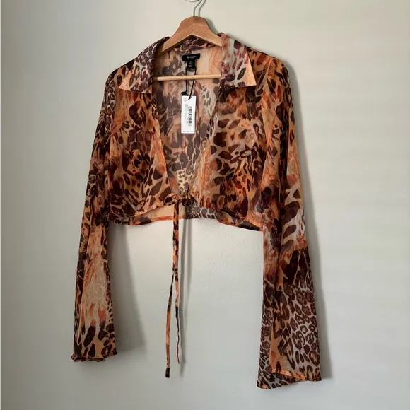 Nasty Gal Animal Print Sheer Bell Sleeve Tie Top 2 Piece Midi Skirt Set