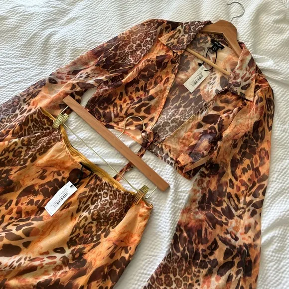 Nasty Gal Animal Print Sheer Bell Sleeve Tie Top 2 Piece Midi Skirt Set