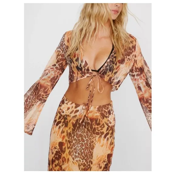 Nasty Gal Animal Print Sheer Bell Sleeve Tie Top 2 Piece Midi Skirt Set