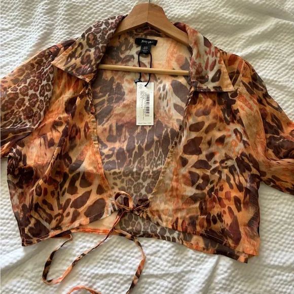 Nasty Gal Animal Print Sheer Bell Sleeve Tie Top 2 Piece Midi Skirt Set