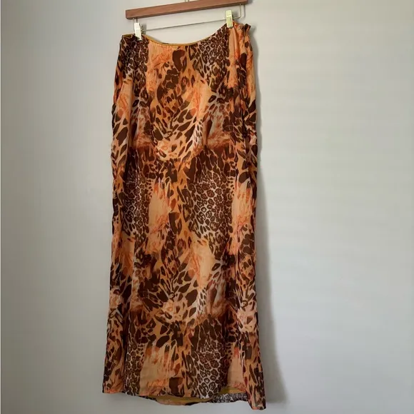 Nasty Gal Animal Print Sheer Bell Sleeve Tie Top 2 Piece Midi Skirt Set