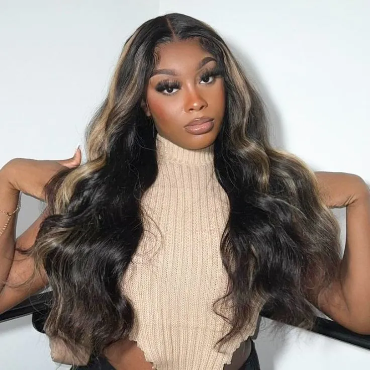 Natural Black With #30 Highlight Color Body Wave Glueless 6x5 Pre-Cut Lace/13x4 Lace Front Human Hair Wig