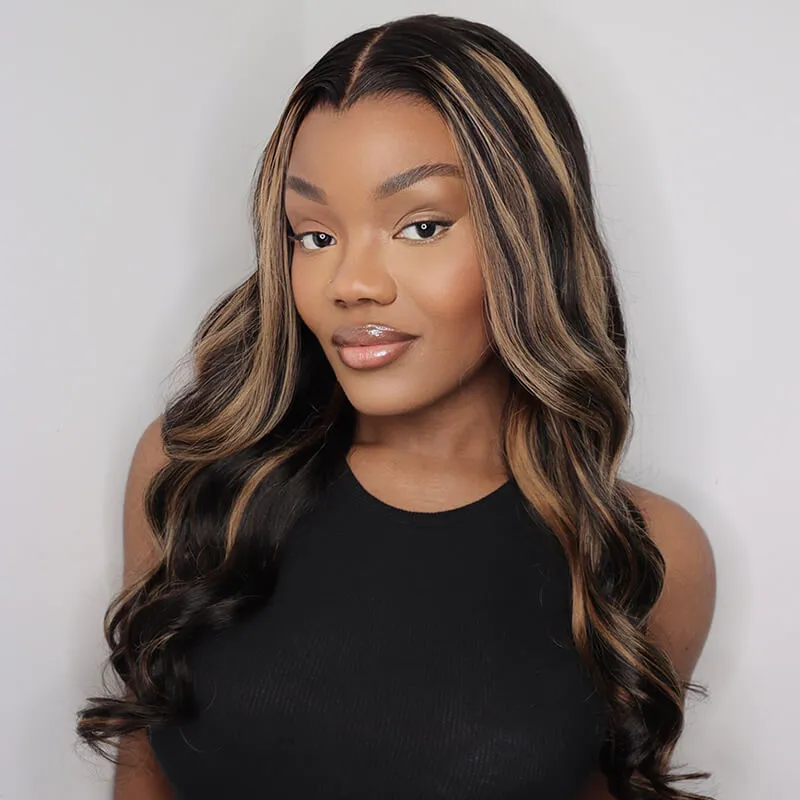 Natural Black With #30 Highlight Color Body Wave Glueless 6x5 Pre-Cut Lace/13x4 Lace Front Human Hair Wig