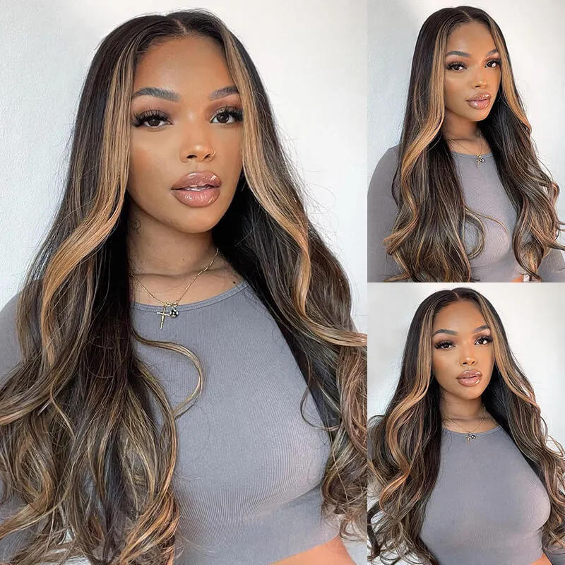 Natural Black With #30 Highlight Color Body Wave Glueless 6x5 Pre-Cut Lace/13x4 Lace Front Human Hair Wig
